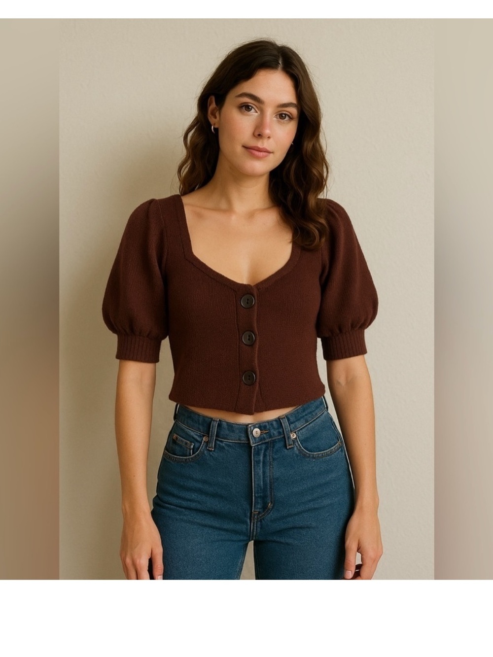 Free People Brown Cropped Puff Sleeve Cardigan